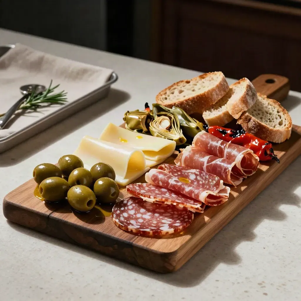 Antipasti board with olives, cured meats, cheese, peppers, and torn bread on travertine.