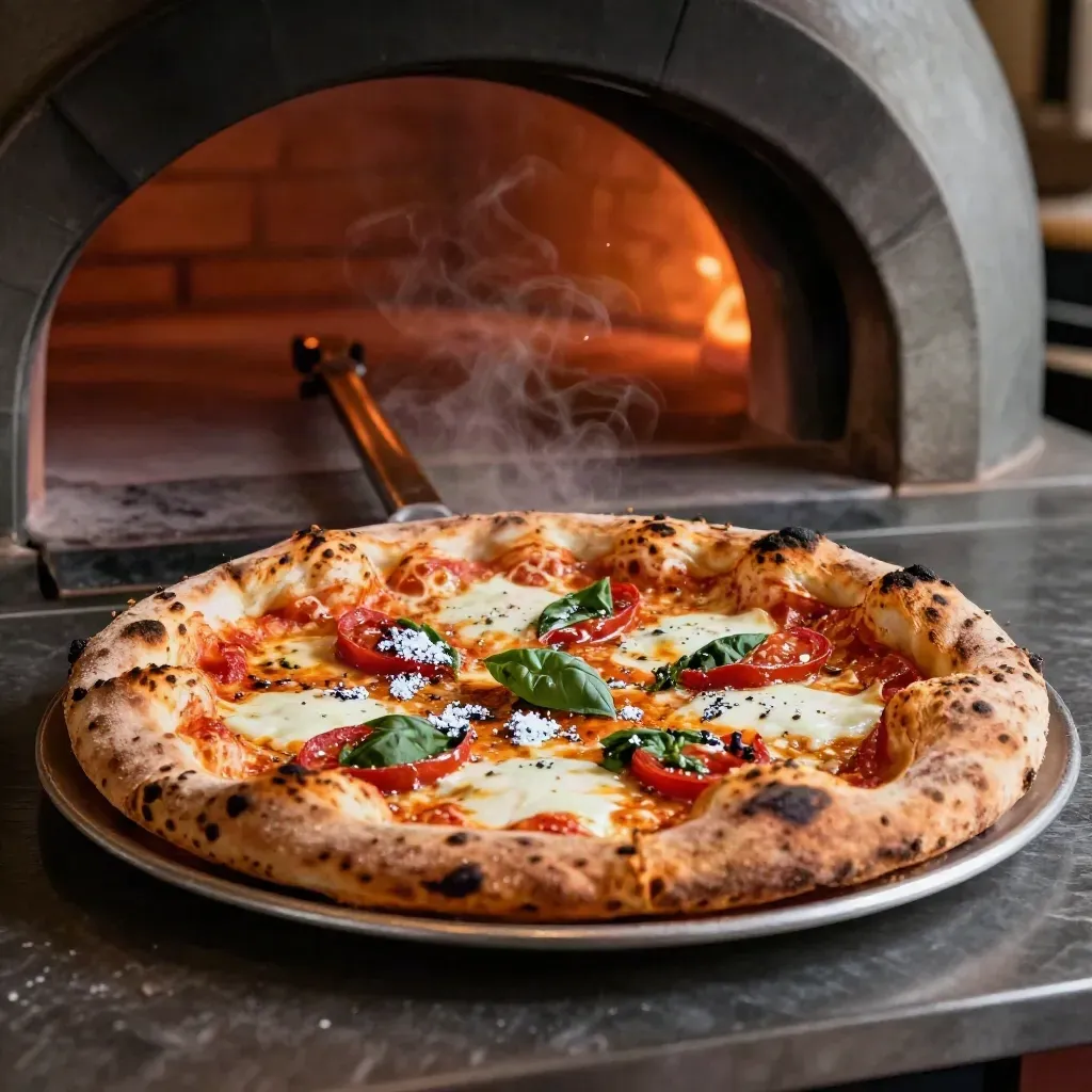 Close-up margherita pizza on a peel before a glowing wood-fired oven