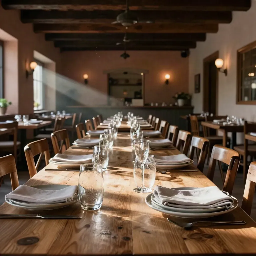 Long communal oak dining table set with plates, napkins, carafes, and chairs in a warm trattoria