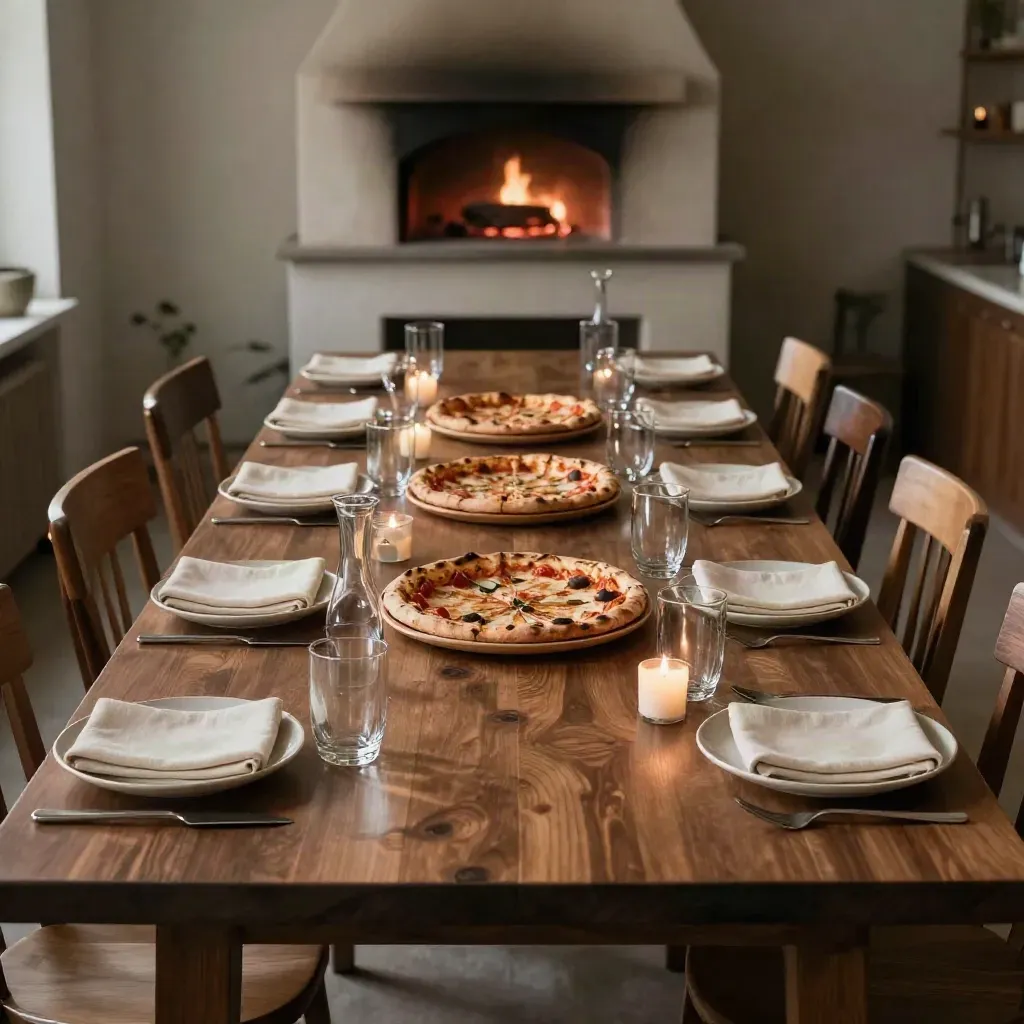 Long birthday dinner table set with pizzas, candles, ceramics, and carafes in a warm trattoria