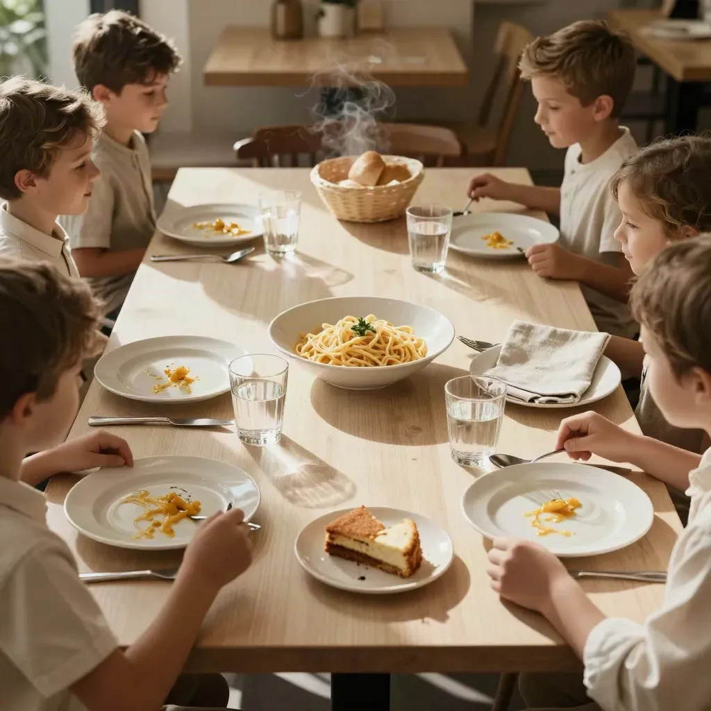 Six-place family lunch table with pasta, water glasses, and dessert in warm daylight