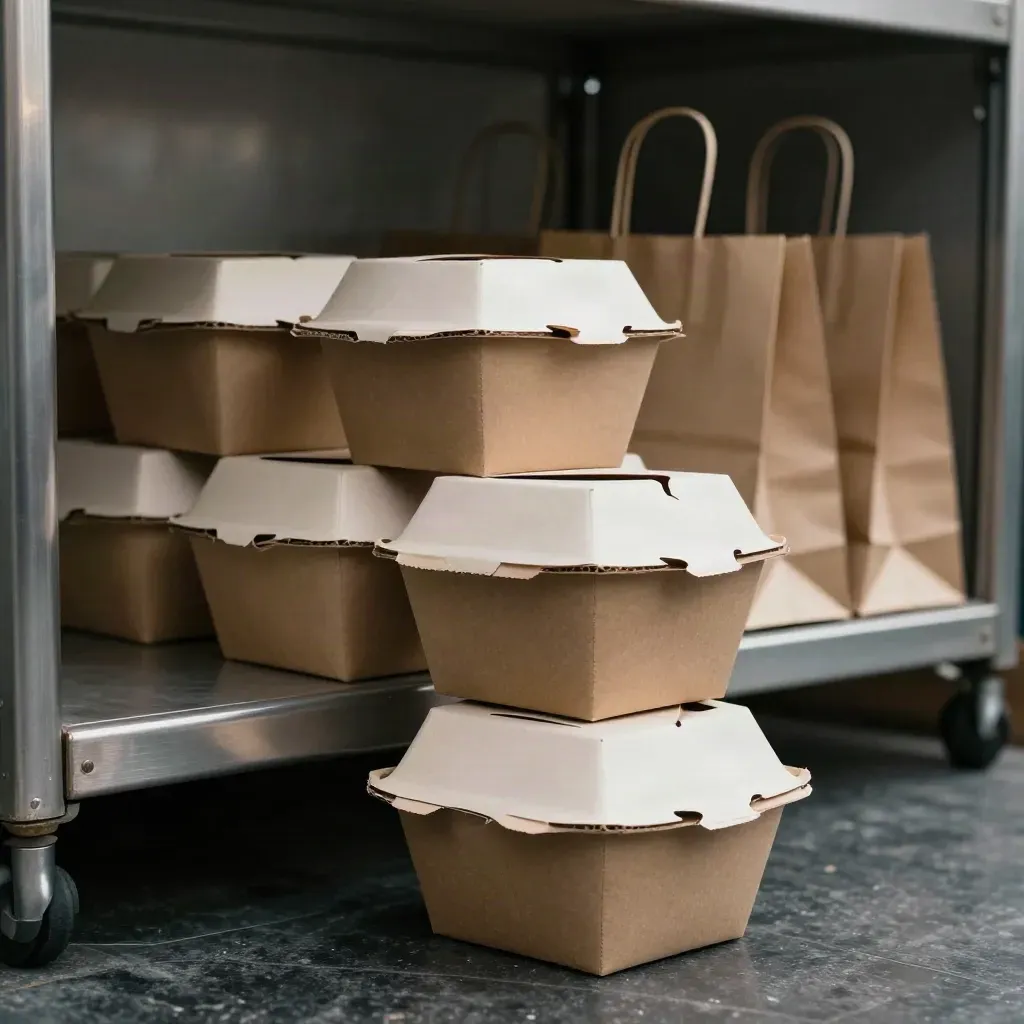 Twenty-four takeaway boxes stacked beside paper bags and a pickup shelf, lit dramatically.