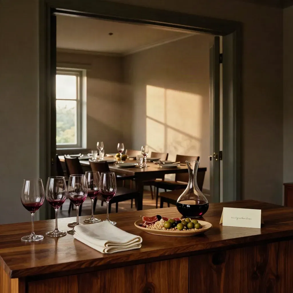 Empty private dining room reset with shared plates, wine glasses and a polished sideboard at sunset