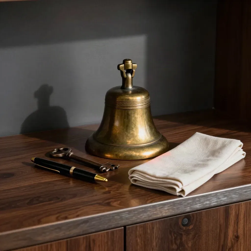 Brass bell, host key, pen, and folded linen napkins on a dark front-of-house counter.