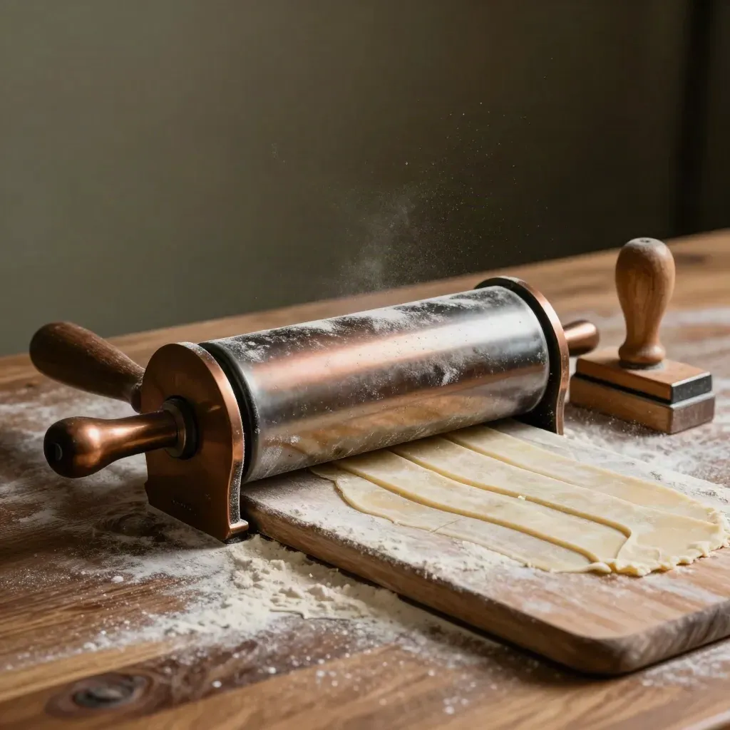Bronze pasta roller, floured gnocchi board and wooden ravioli stamp in warm close-up.