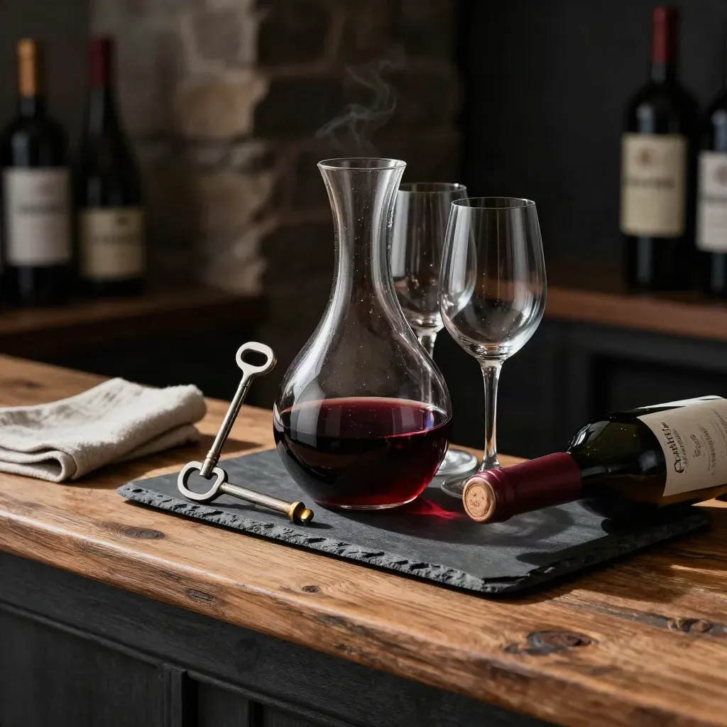 Wine service still life with decanter, tasting glasses, wine key and bottle neck on a dark stone bar.