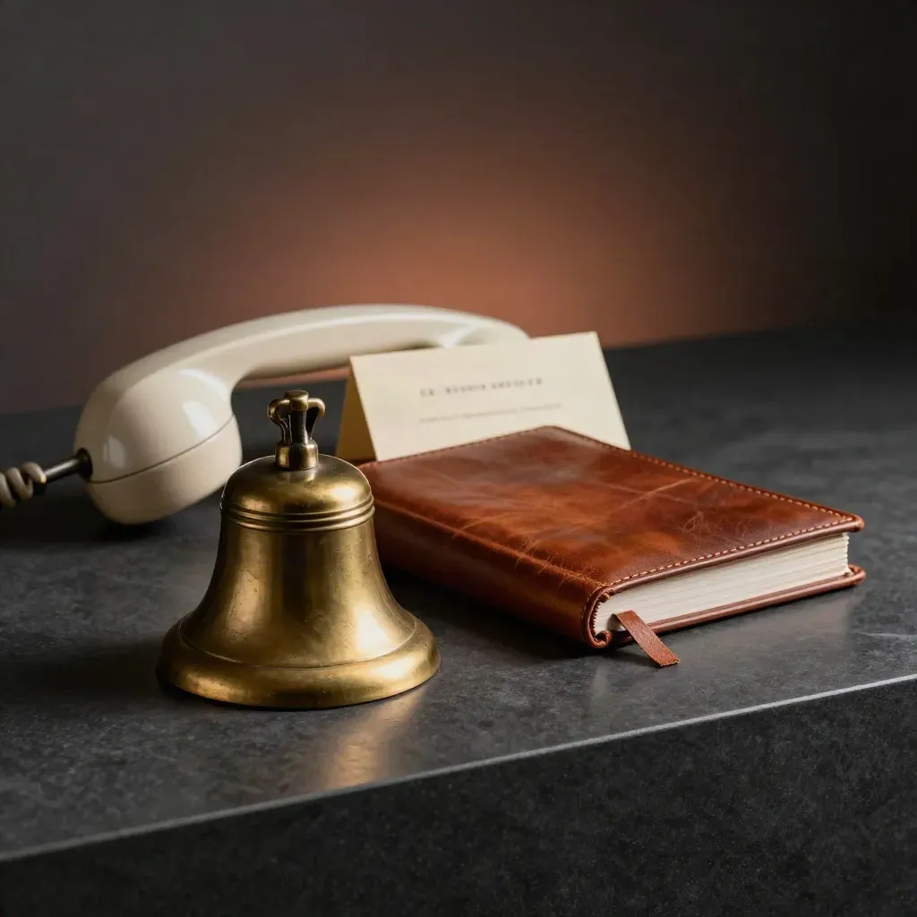 Brass reservation bell with phone handset and leather guest book on a dark counter