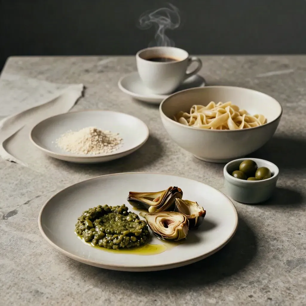 Cream plates and bowls arranged diagonally with espresso steam on a stone surface.