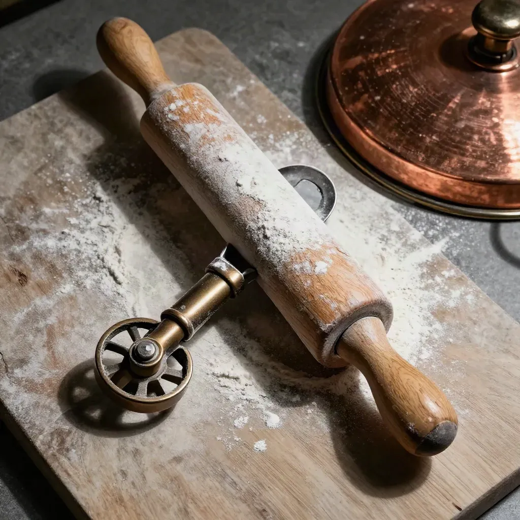 Overhead macro of pasta tools on a limestone slab, dusted with flour and soft side light.