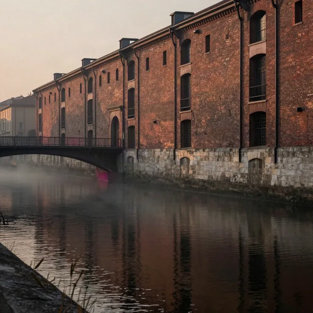 West Milan canal span at dusk with brick warehouses, misty water and a calm foreground.