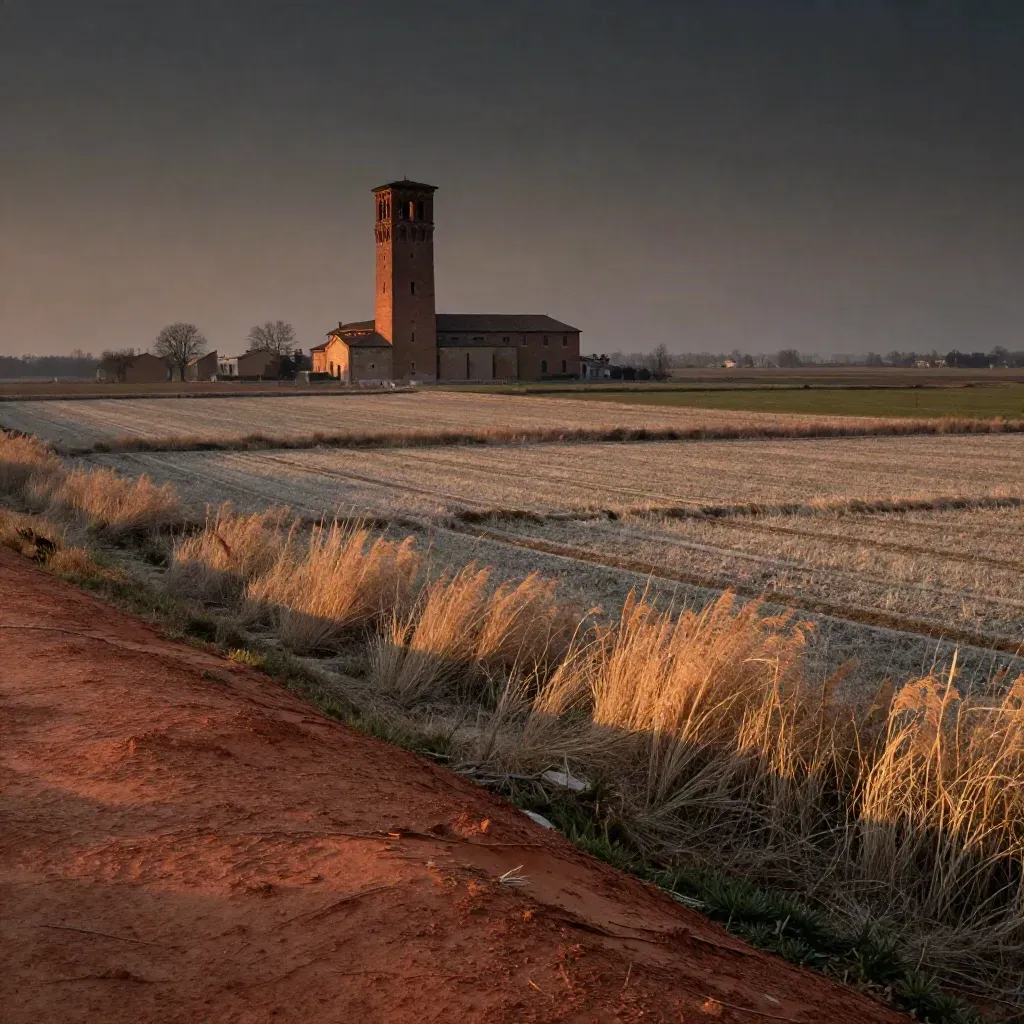 Abbey of Chiaravalle tower above hazy south Milan fields at sunset