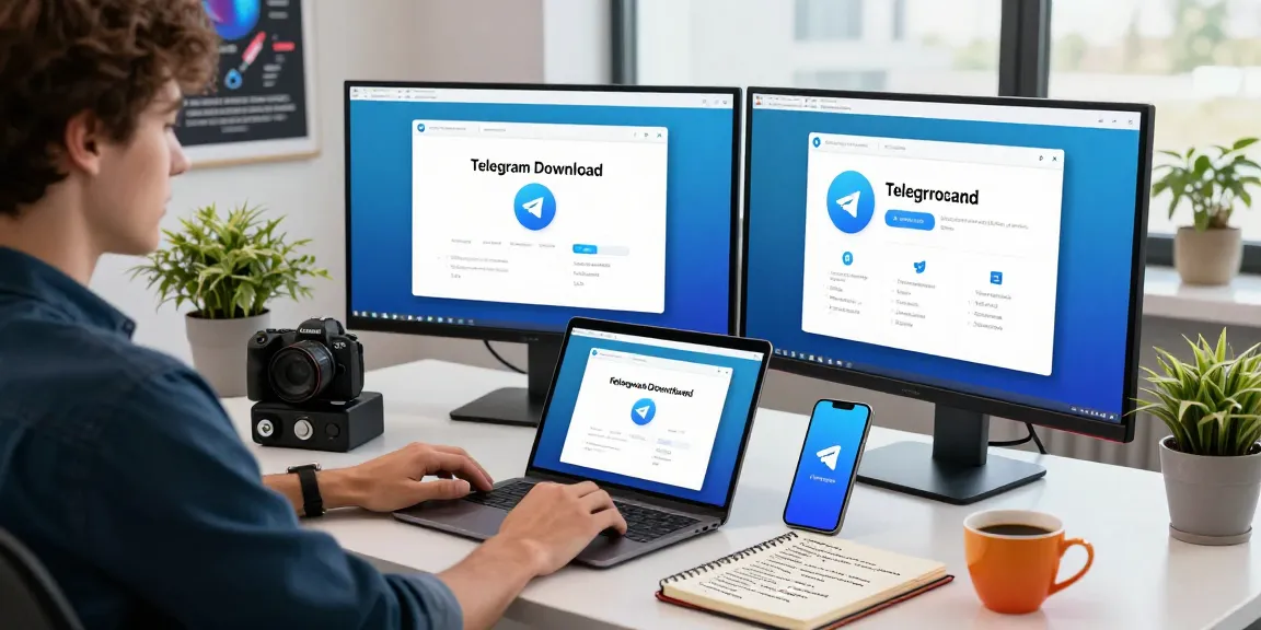 Tech enthusiast demonstrating Telegram Download on multiple devices in a modern workspace.